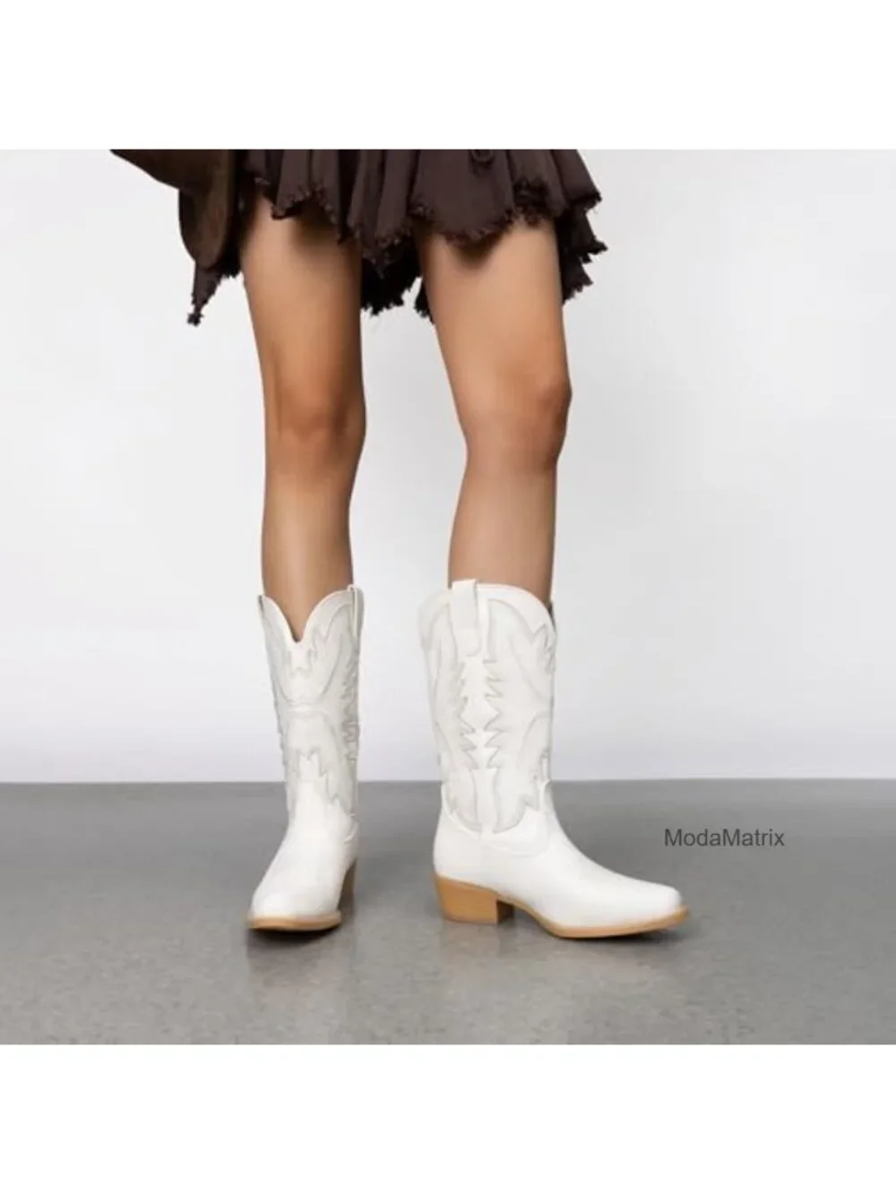 Faux Leather Western Cowboy Boots Mid-Calf Pull-On Block Heel Women_3